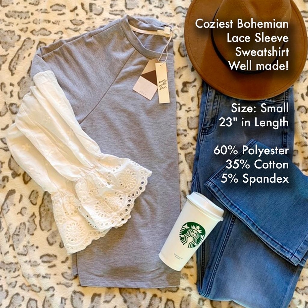 Bohemian Lace Sleeve Cozy Sweatshirt NEW - Picture 2 of 8